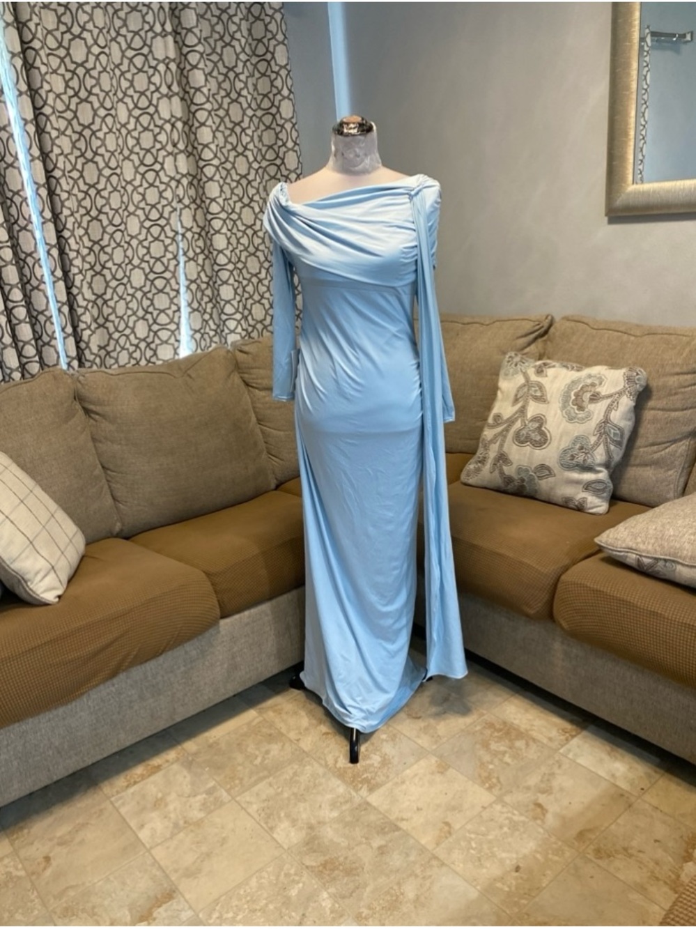 New Women 1XL powder blue, floor-length maxi dress, signature stretch w/ Drape